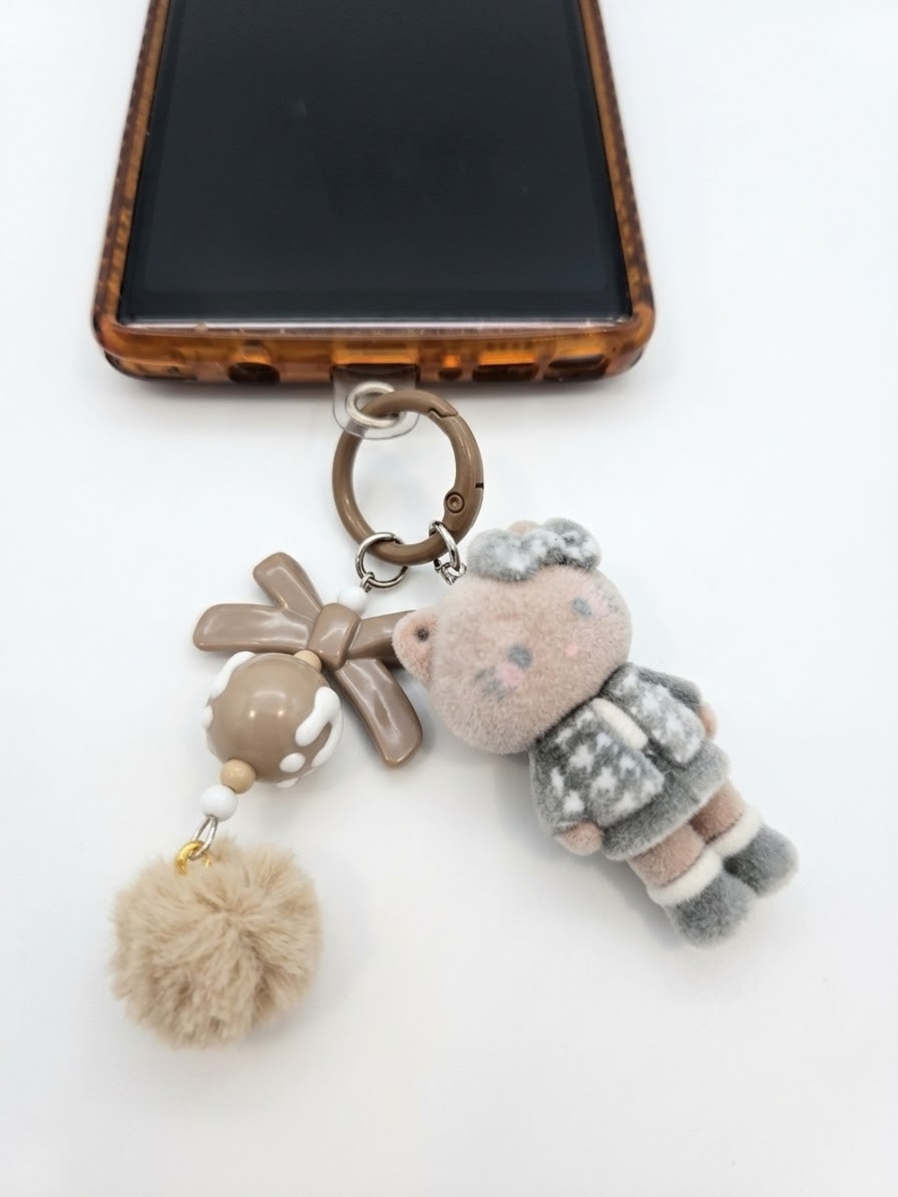 Plush Bear Keychain Phone Charm - Gray and Beige